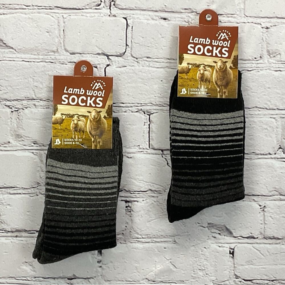 Max Adams Lamb Wool Socks Men's Size 10-13 Black/Gray Stripe Ombre 2 Pair Casual